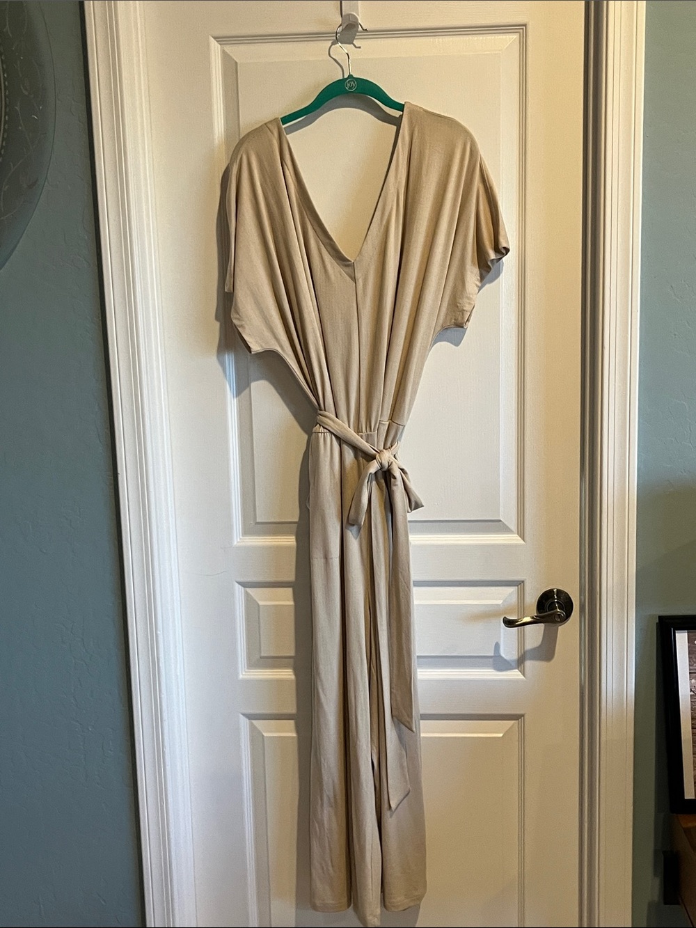 AnyBody Beige/Tan V-Neck Jumpsuit with Tie Waist